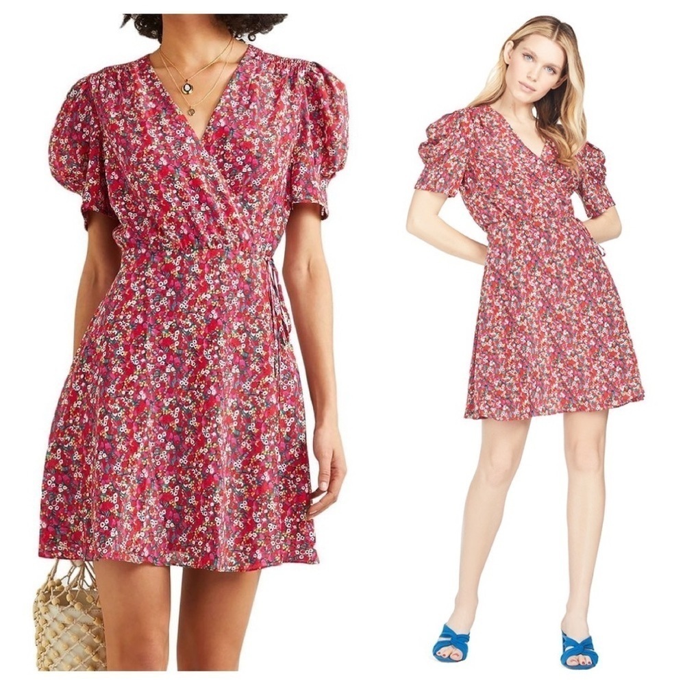 SALONI / Lea Silk Puff Sleeve A-Line wrap mini floral poppy pink Silk Dress 12